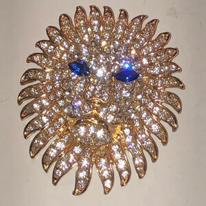 Gold Tone Blue CZ Rhinestone Classic Boho Retro Lion Brooch